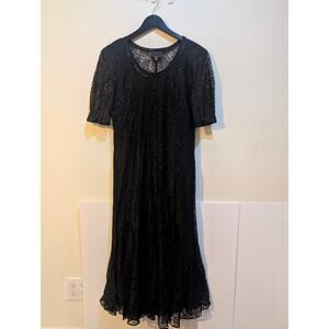 Vintage 1990s Starina Black Button Floral Lace Alt Emo Midi Dress w/ Slip Sz M